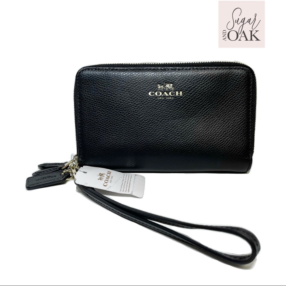 NWT COACH Double Zip Leather Wristlet Wallet Black
